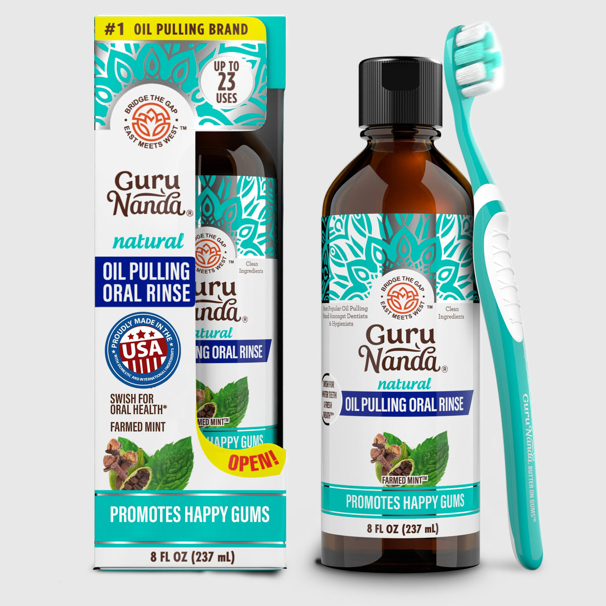 Oil pulling oral rinse bottle with box and toothbrush, farmed mint branding shown.