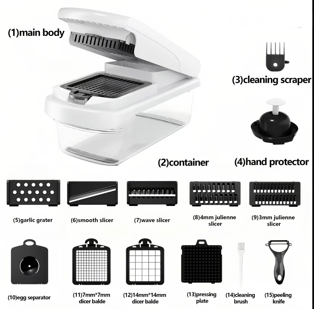 Multi-blade vegetable chopper parts layout with container, hand protector, and blade attachments