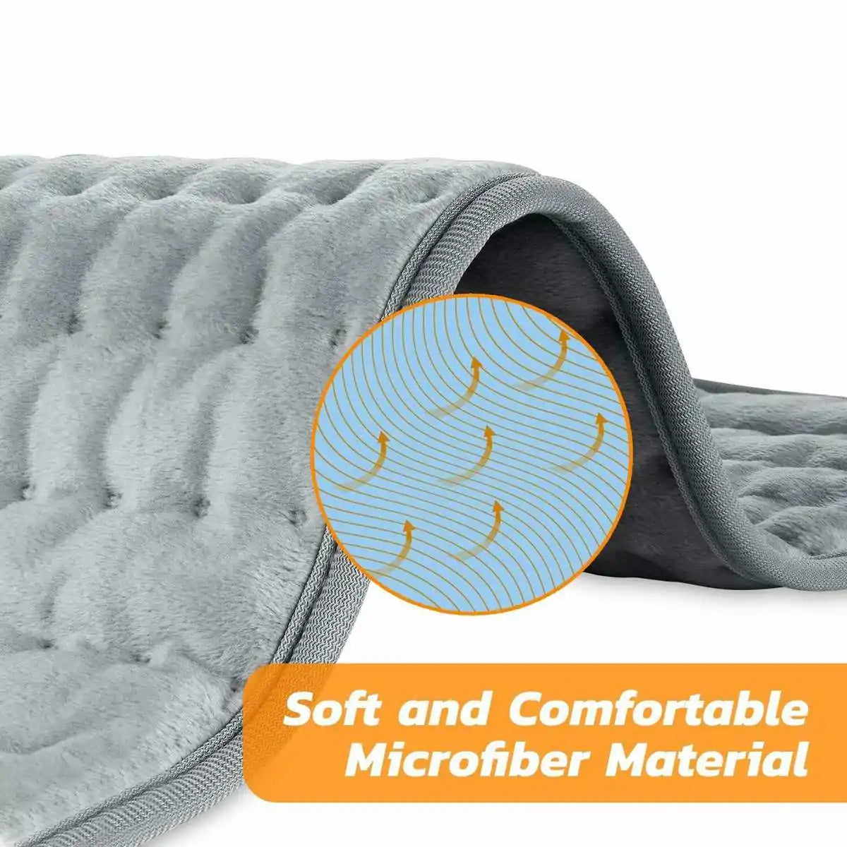 Corner close-up of a gray electric heating pad with quilted microfiber surface