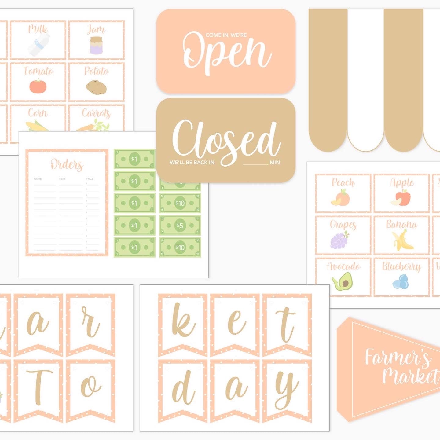 Printable farmer's market signs sheet featuring Open and Closed placards