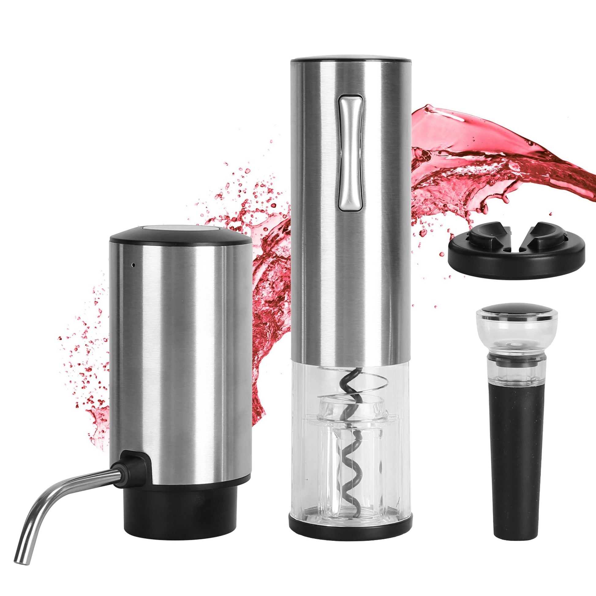 Electric rechargeable wine opener set with gray opener, aerator and stopper, clear parts
