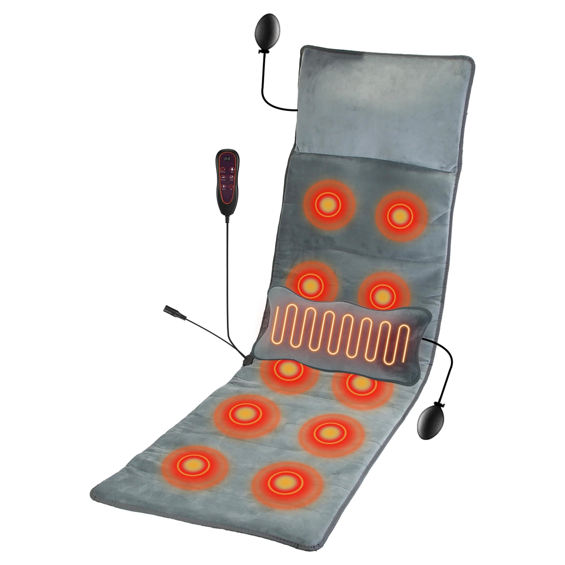 Gray heated massage mat with vibration nodes, lumbar pad, head pillow and remote controller
