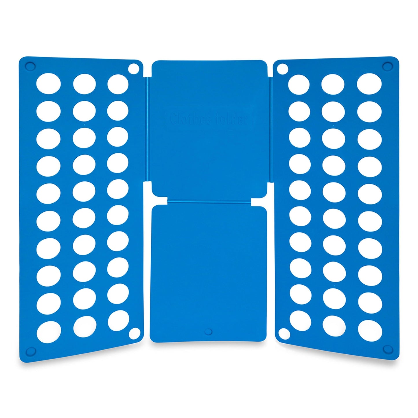Blue plastic shirt folding board with folding panels and circular guides