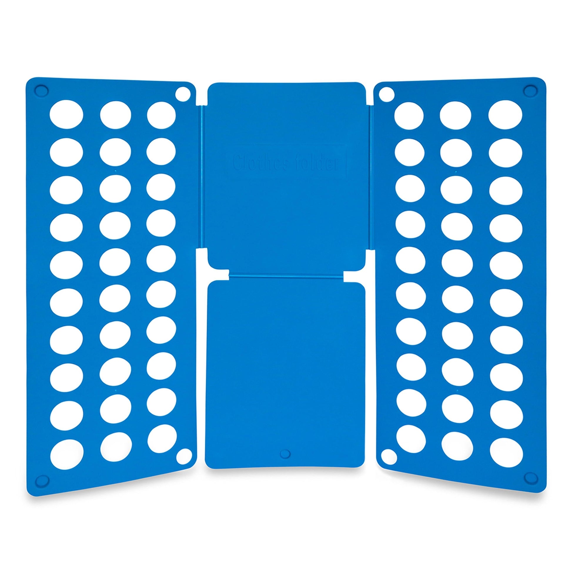 Blue plastic shirt folding board with folding panels and circular guides