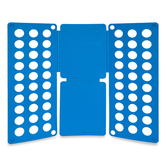 Blue plastic shirt folding board with folding panels and circular guides