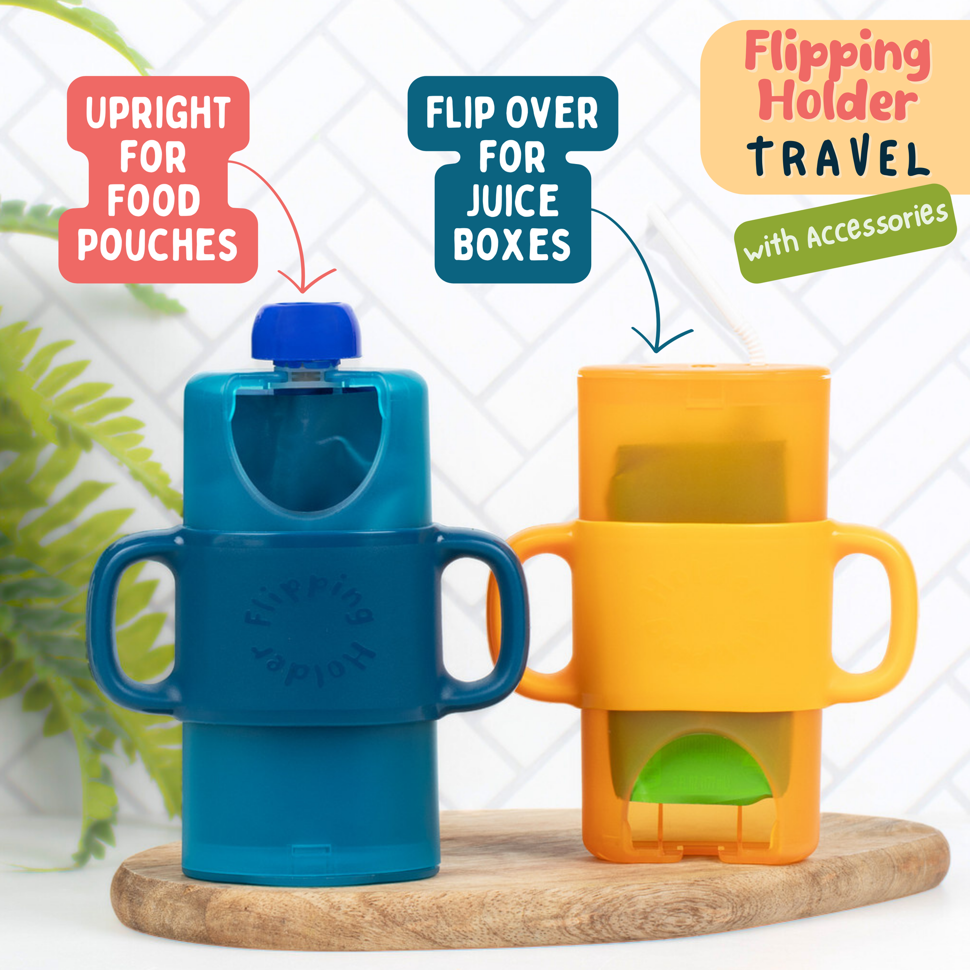 Blue and orange Flipping Holder Travel cups with flip sip tops and side handles