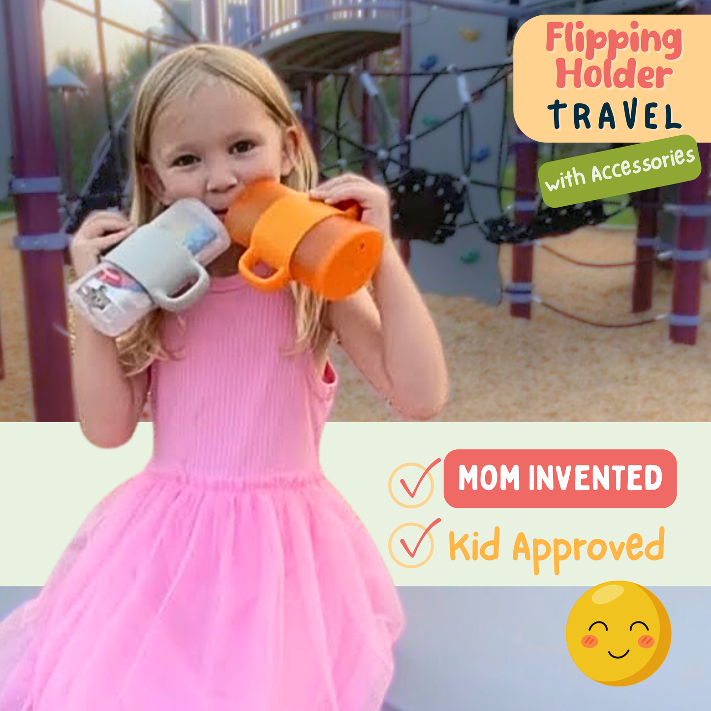 Pink Flipping Holder Travel cup with sip top and side handles, held by a child