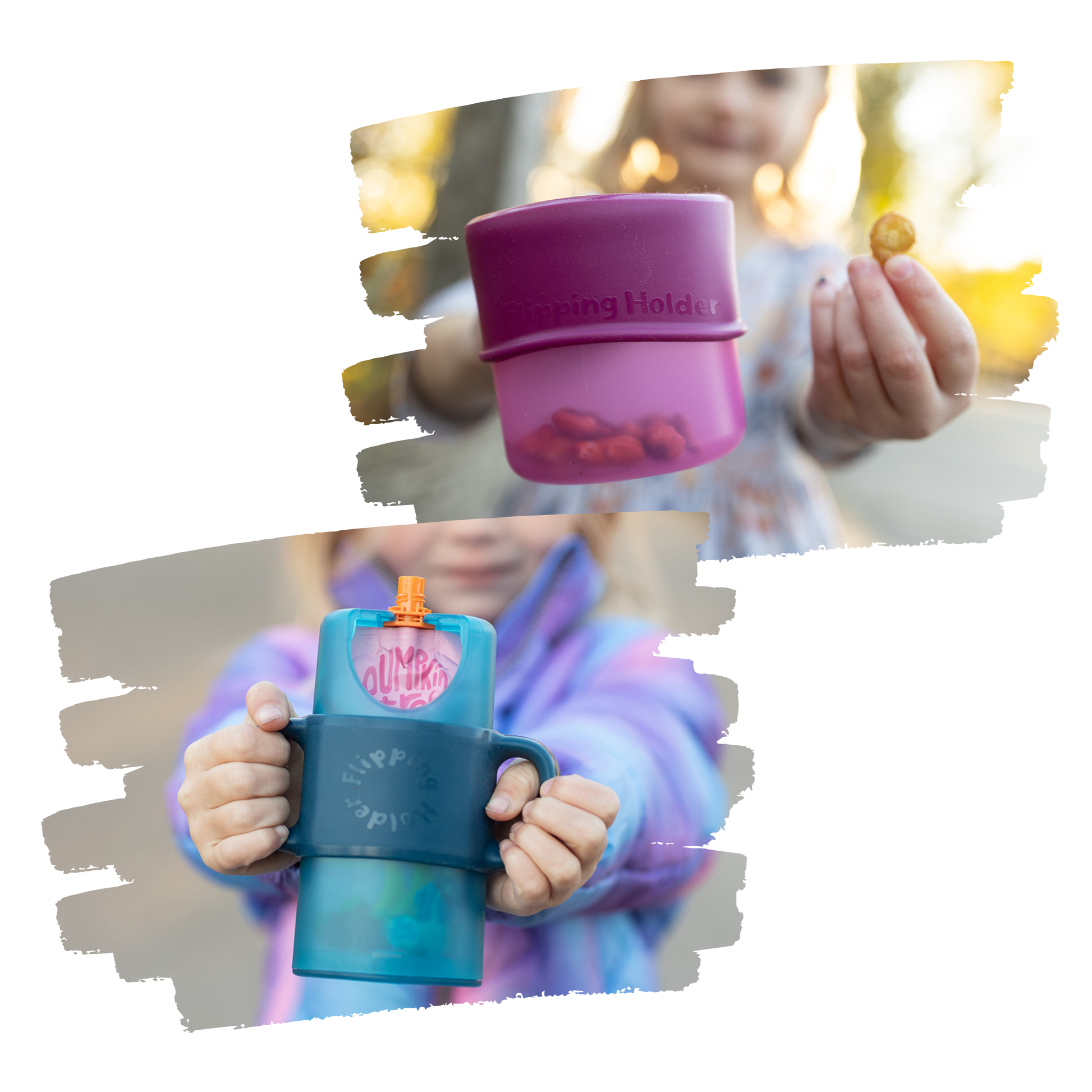Purple and blue toddler sippy cup holders with flip top and side handles