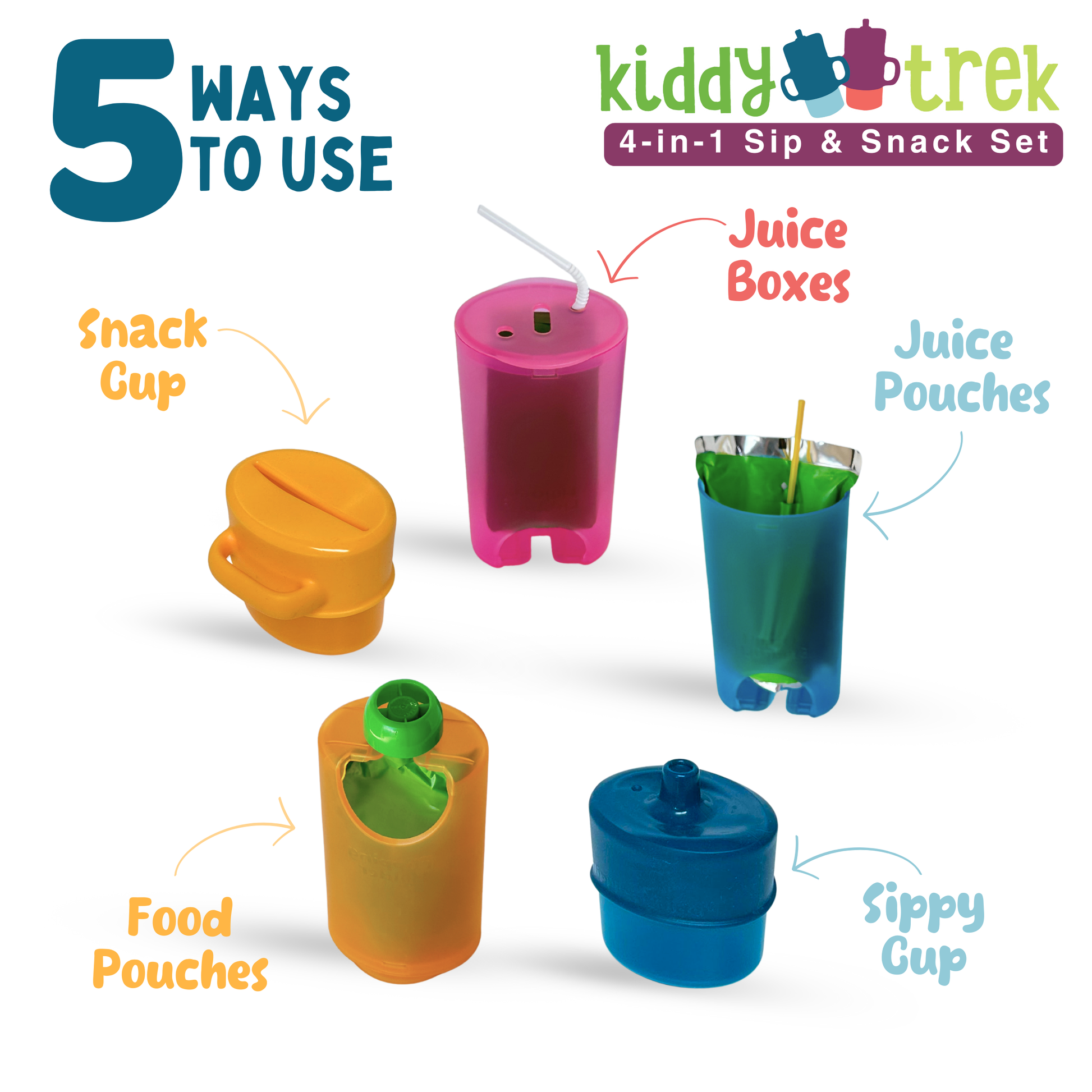 Kiddy snack set with pink snack cup, blue sippy cup, orange food pouches, and green holders