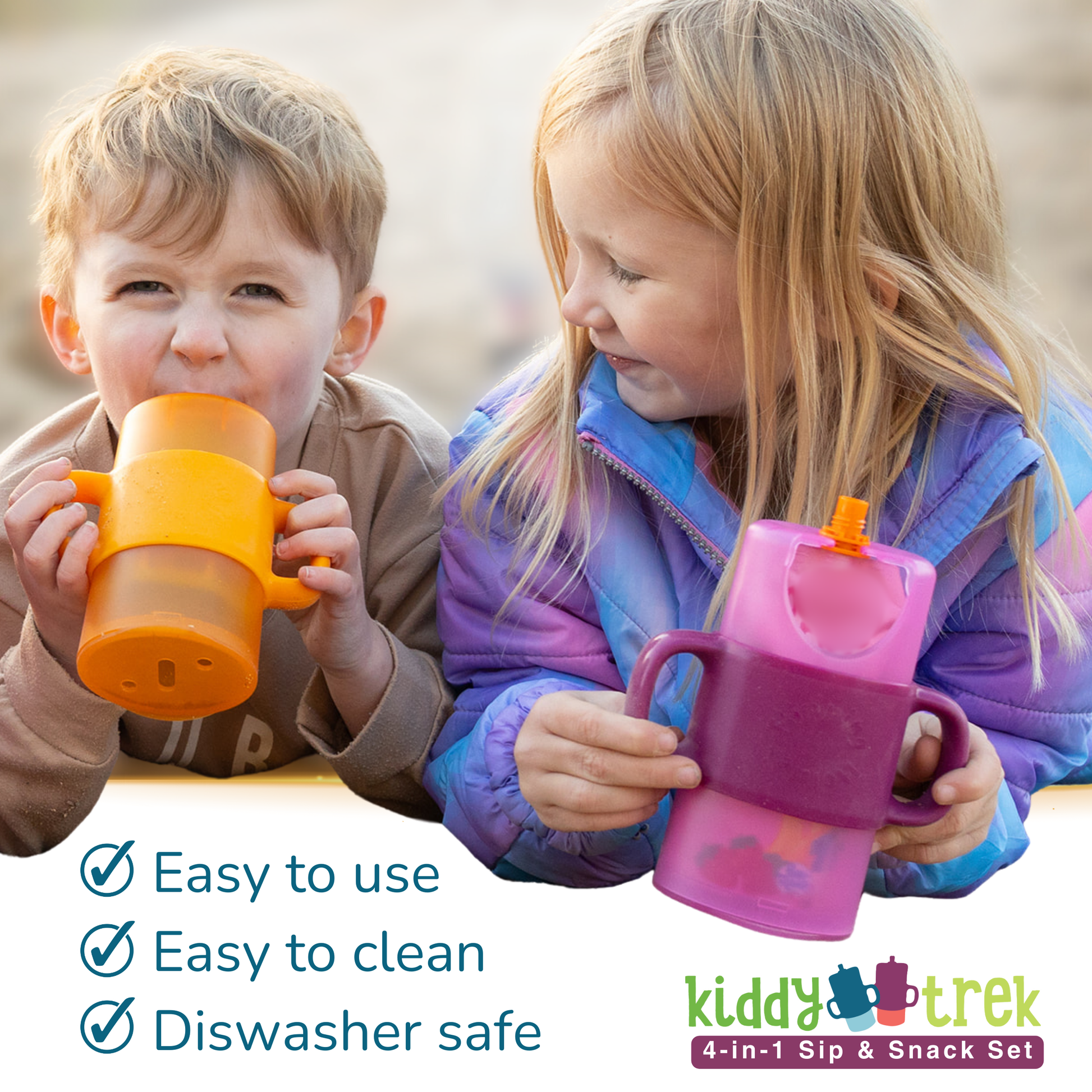 Two kids holding orange and pink snack sip cups with carry lids