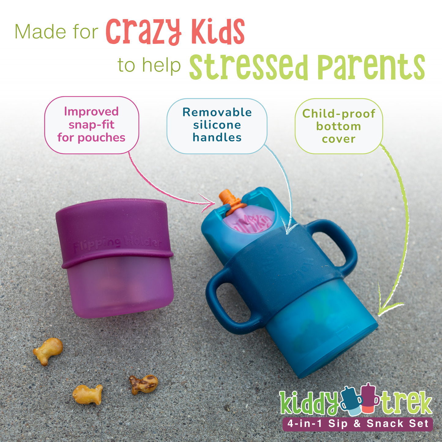Purple and blue Flipping Holder Travel cups with handles on a textured surface