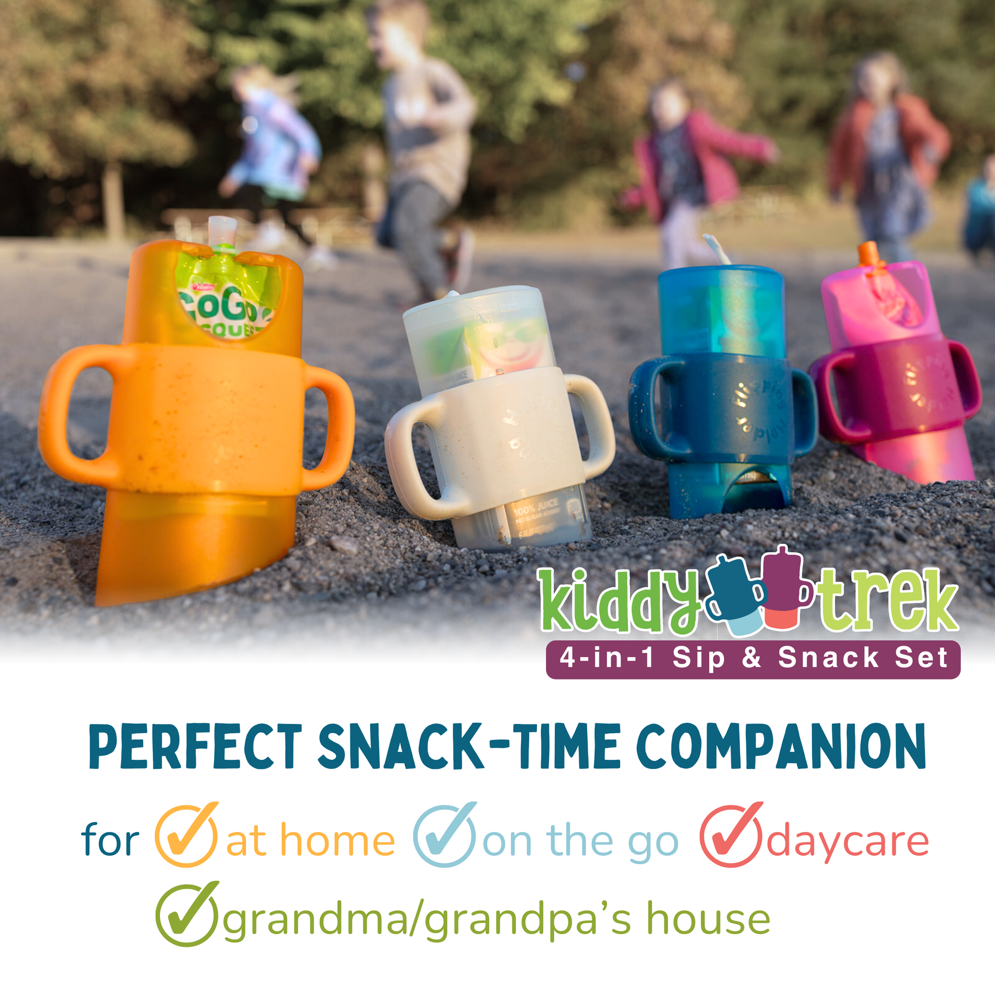 Orange, white, blue, and pink Flipping Holder Travel cups with handles