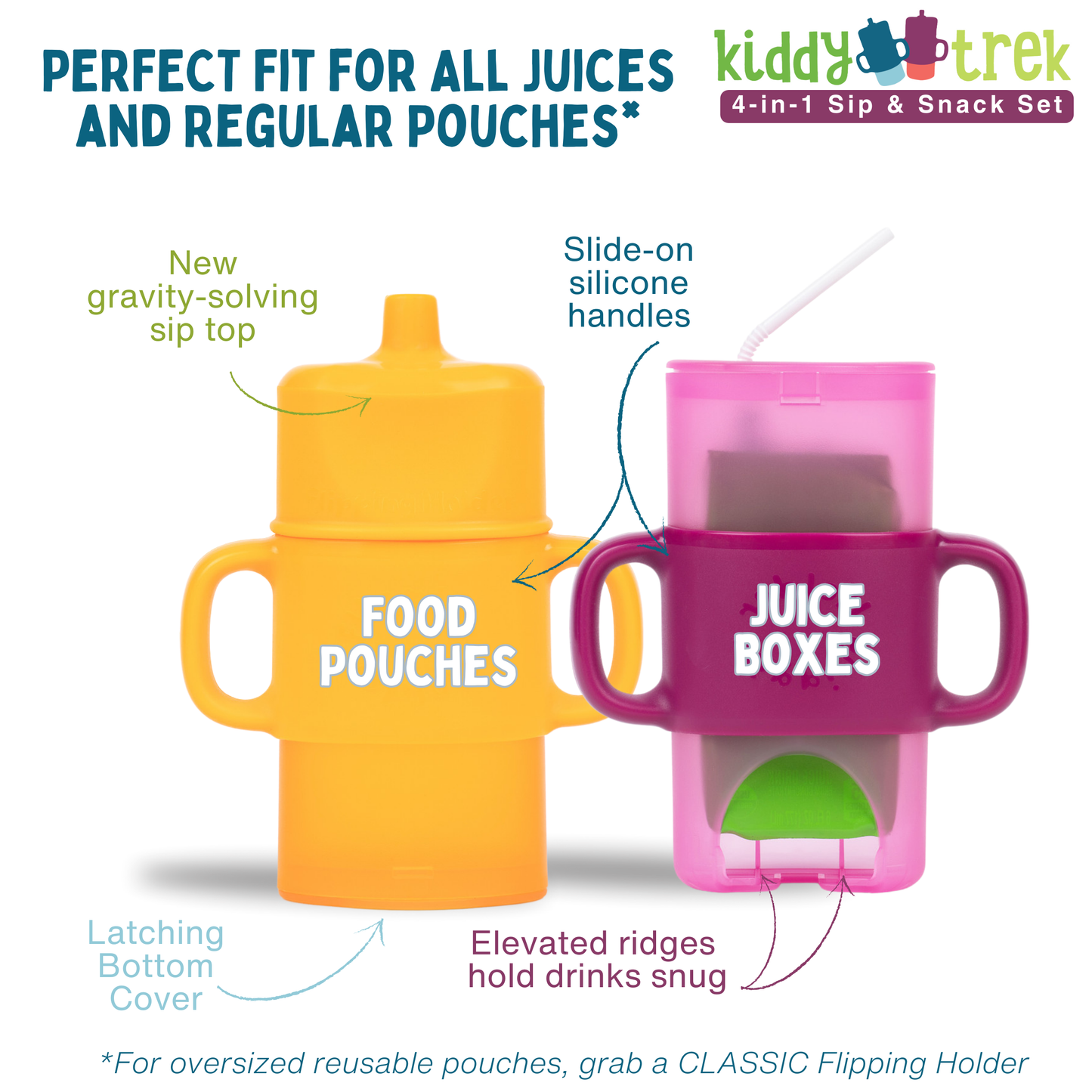 Orange and pink 4-in-1 sip & snack holders with slide-on silicone handles.