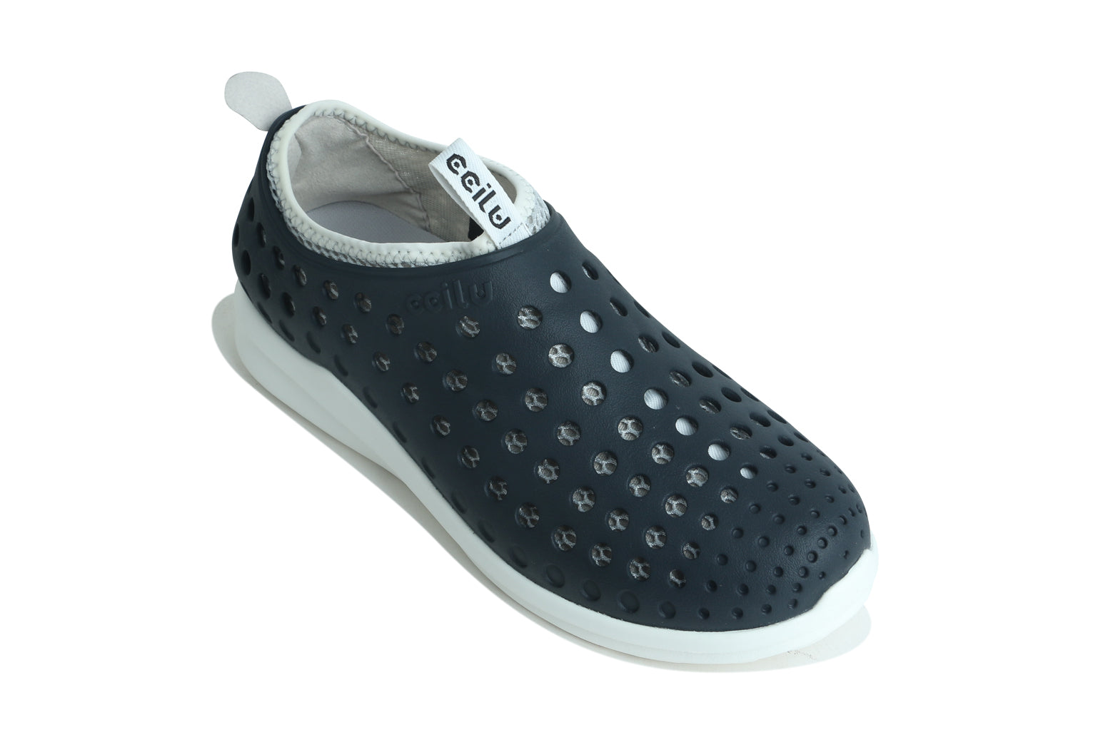 Black slip-on men’s water shoes with perforated pattern and white shock-absorbing sole