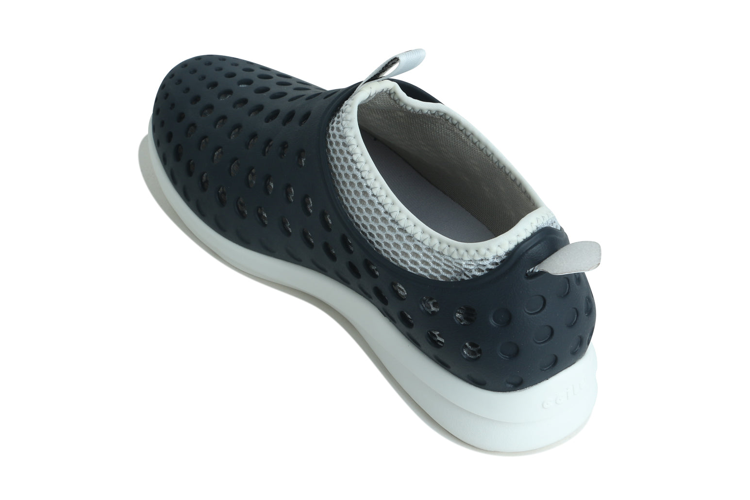 Black slip-on water shoe with perforated upper, light gray lining, and white sole