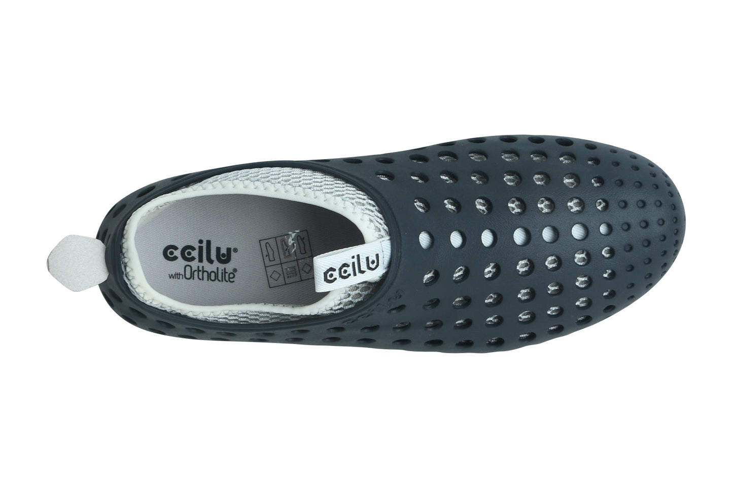 Black slip-on water shoe with perforated rubber tread and printed logo on footbed