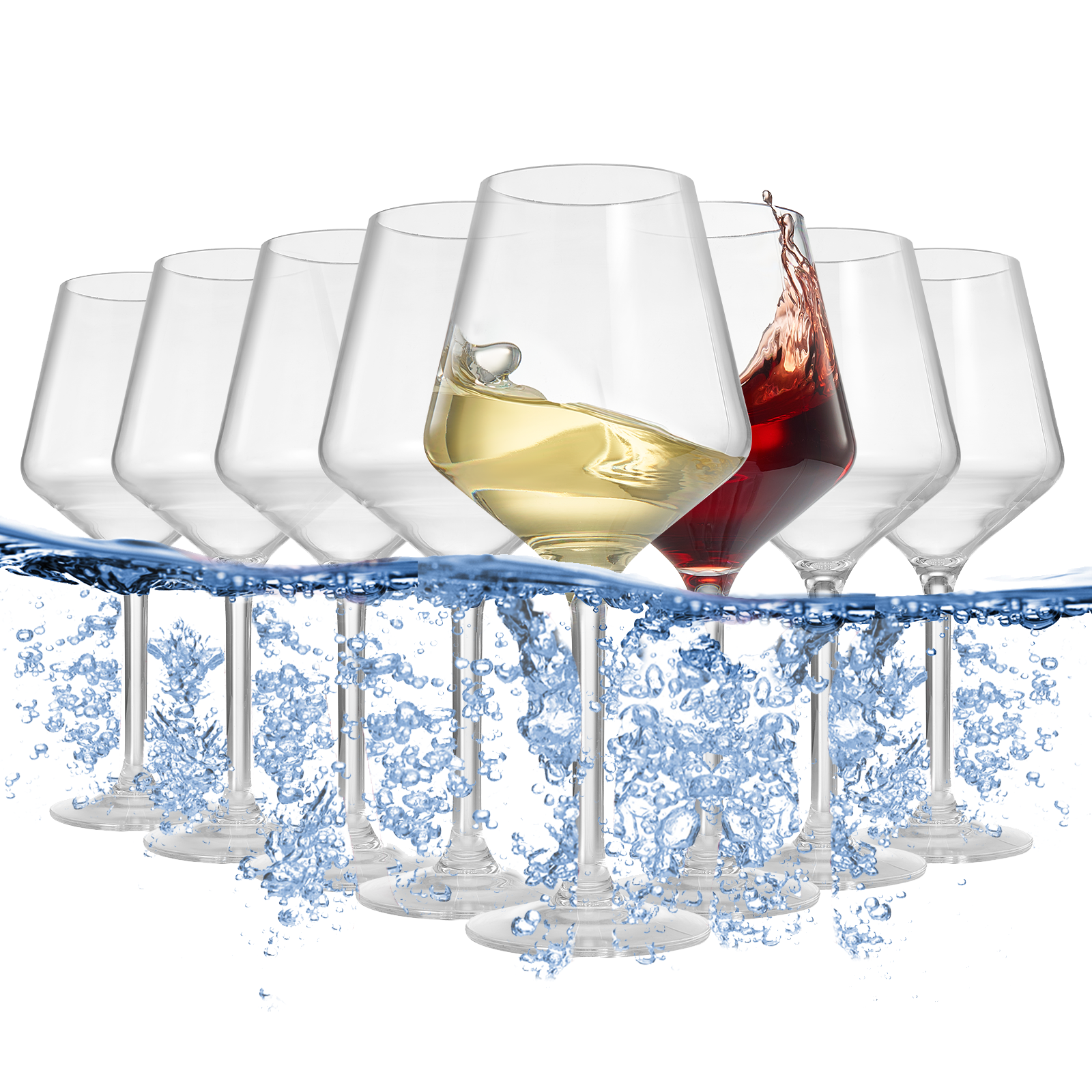 Set of 8 acrylic stemmed wine glasses, clear goblets with water splashes