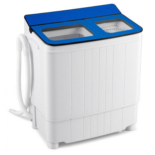 Portable washing machine with blue top lid and dual wash compartments