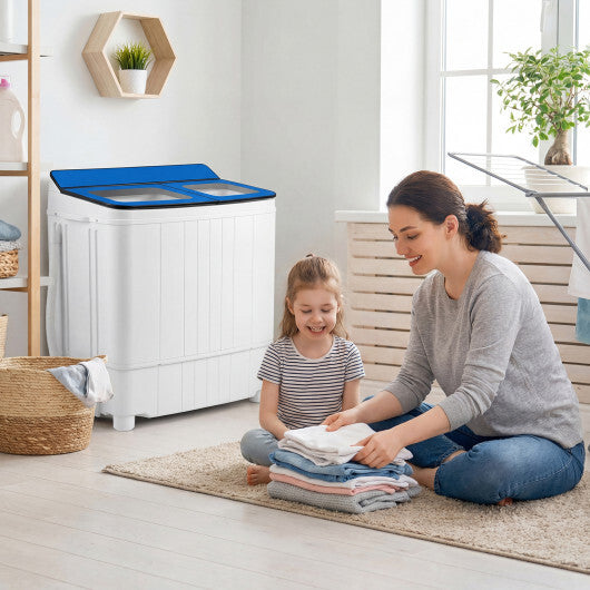 Portable washing machine with blue top lid and side inlet hose