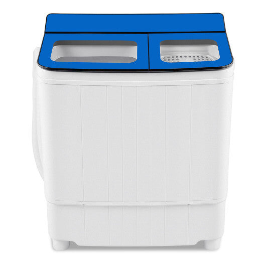 Portable washing machine with blue top lid and two visible inner compartments