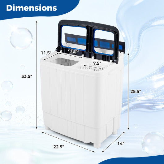 Portable washing machine dimensions diagram with open top and control panel view