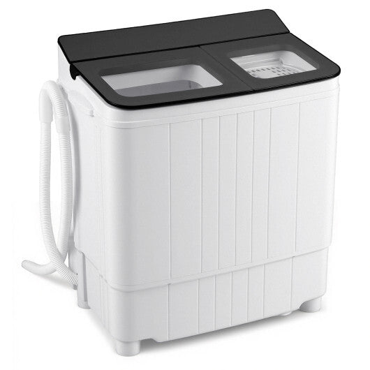 Portable washing machine with black top lid and left-side inlet hose