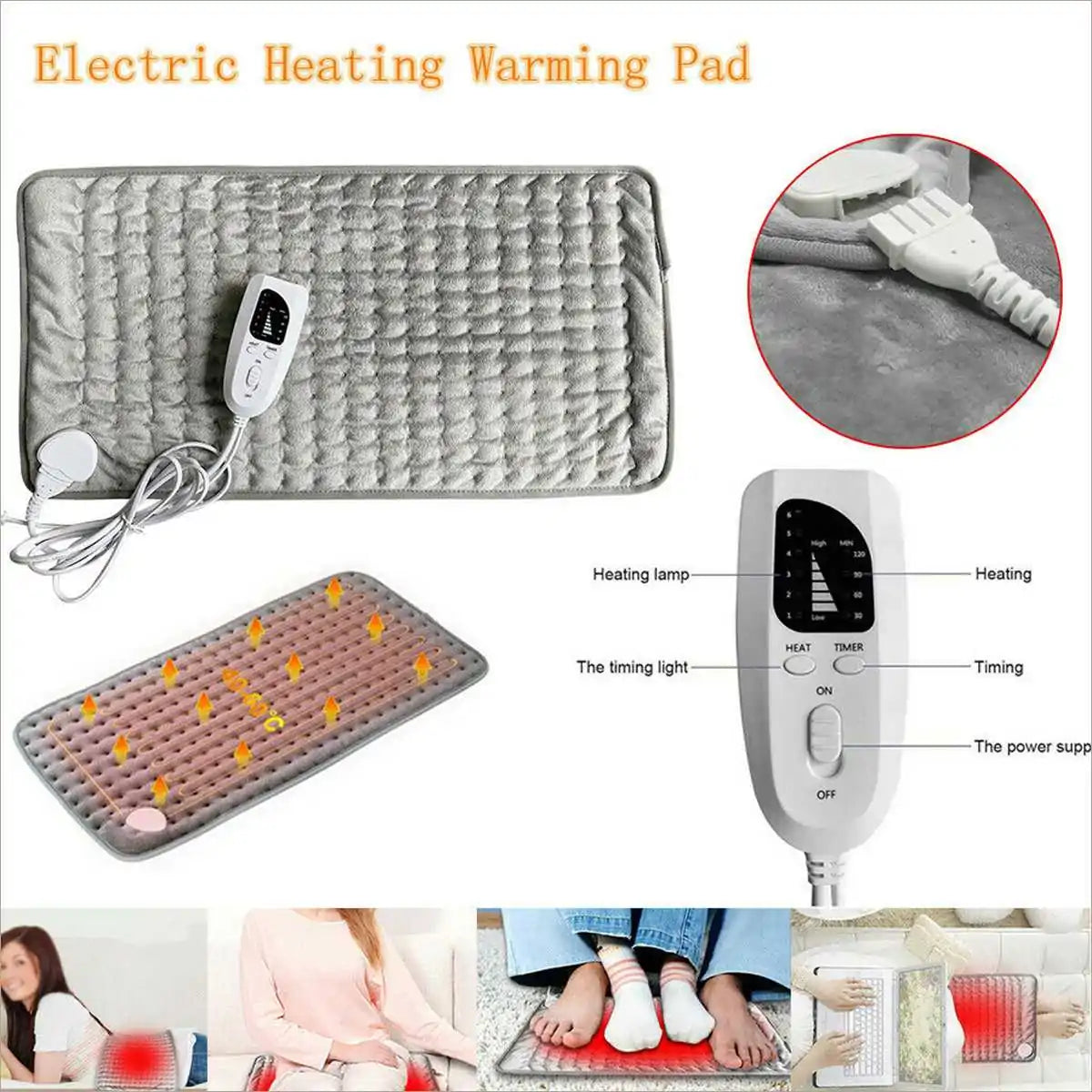 Electric heating pad controller with heat and timer settings, power plug and cord