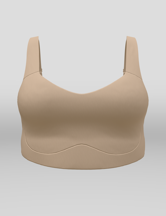 Nude full-support bra with wide underband and U-shaped neckline