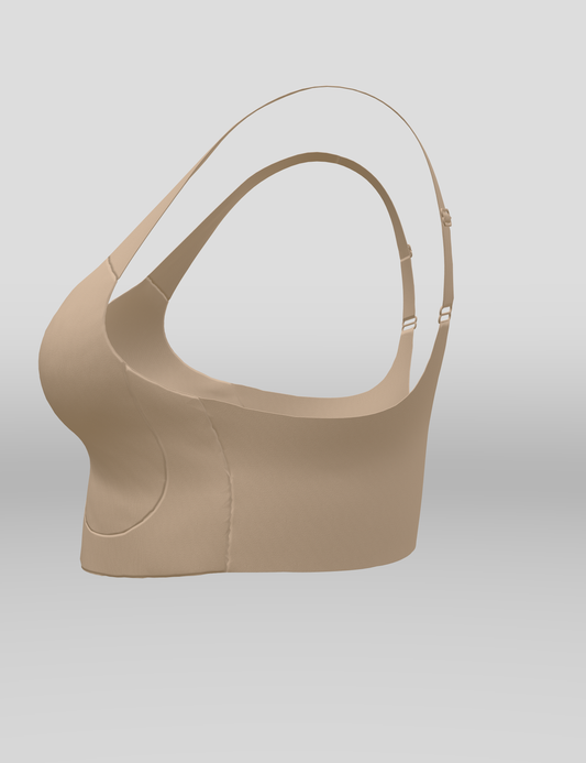 Nude full-support bra showing racerback-style straps and smooth molded cups