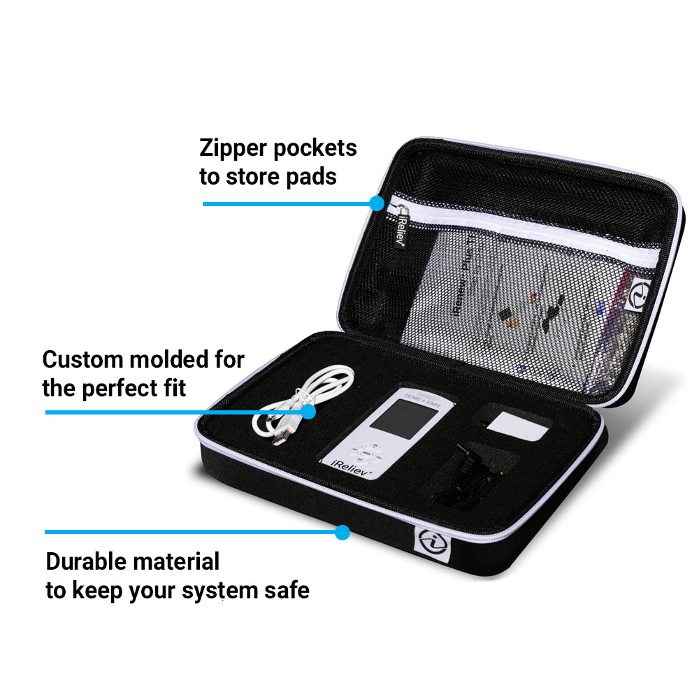 Hard carry case open with mesh zipper pocket and molded compartments, black interior