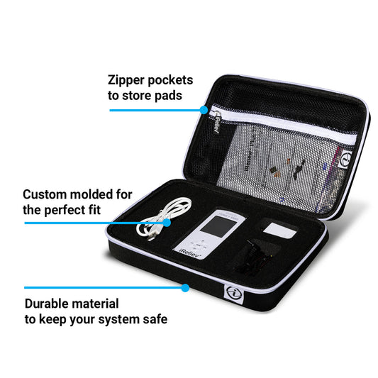 Hard carry case open with mesh zipper pocket and molded compartments, black interior