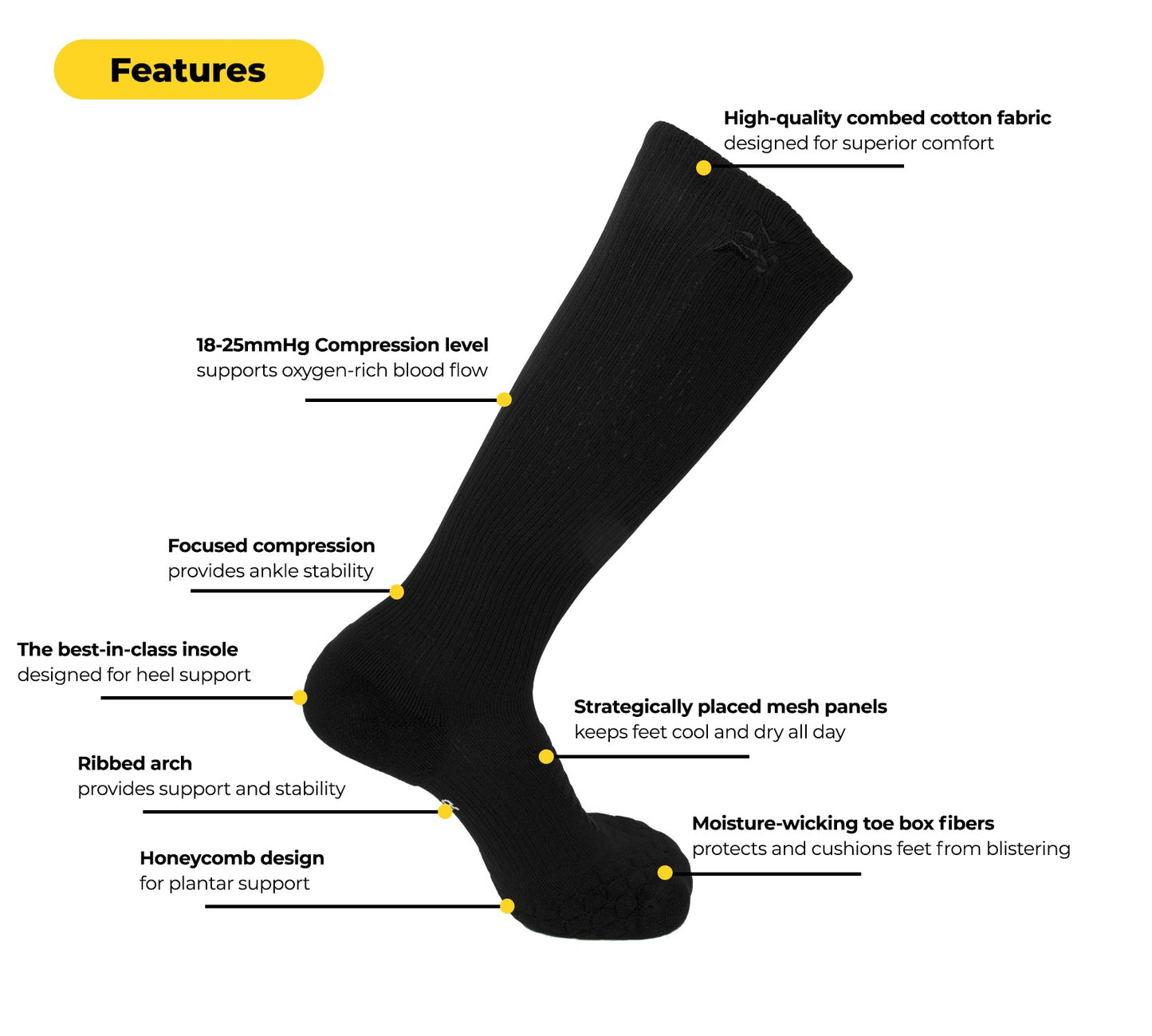 AMP leg compression socks, black with gray heel panel and black arch band