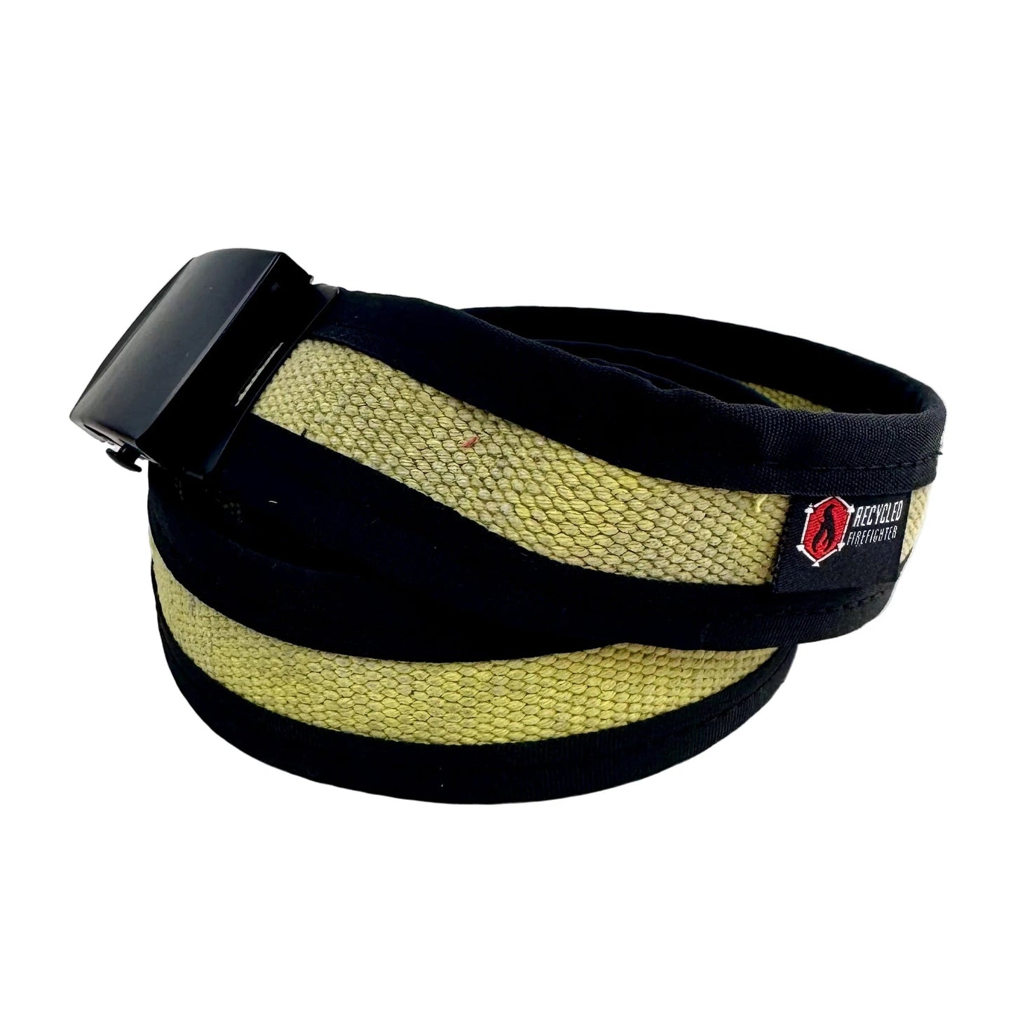 EDC belt with black webbing and olive-yellow woven stripe, rectangular plastic buckle.