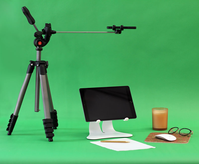 Tripod with phone mount and long horizontal support arm