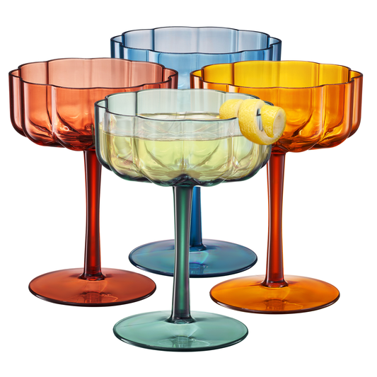 Champagne coupe glasses set of 4, colorful acrylic with fluted bowl and wide foot.