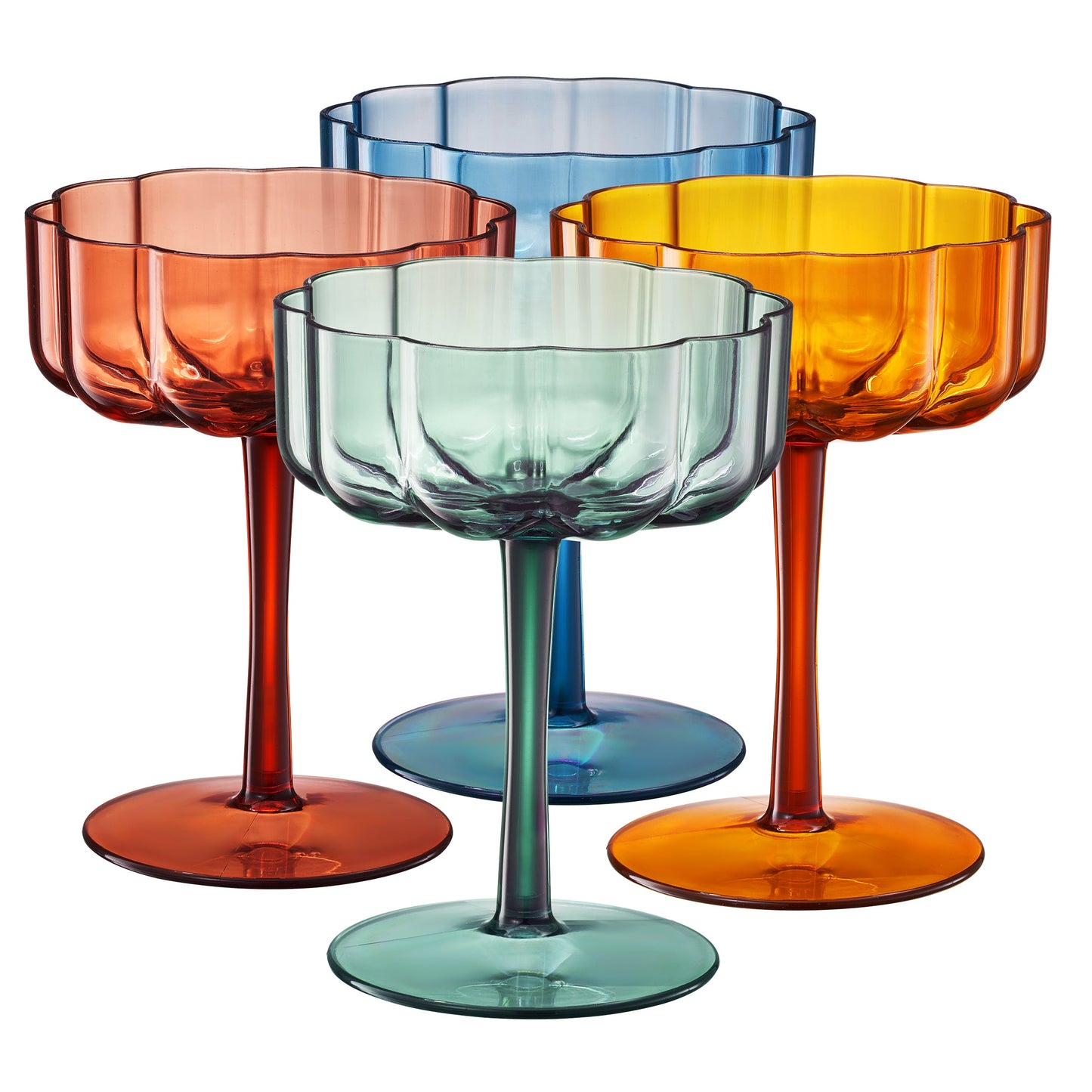 Acrylic champagne coupe glasses set of 4, multicolor fluted bowls with wide round feet.