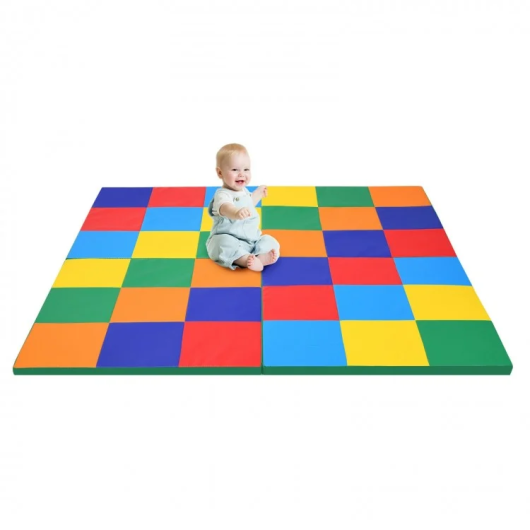 Foldable baby activity floor mat with multicolor patchwork square pattern