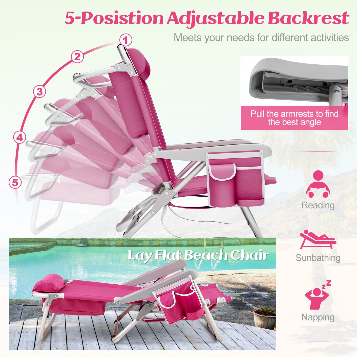 Foldable Backpack Beach Chair with Cup Holder and Storage Pockets Set of 2-Pink