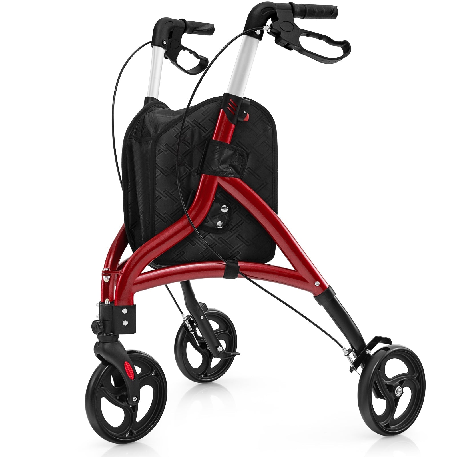 Red and black rollator with a black bag on a white background