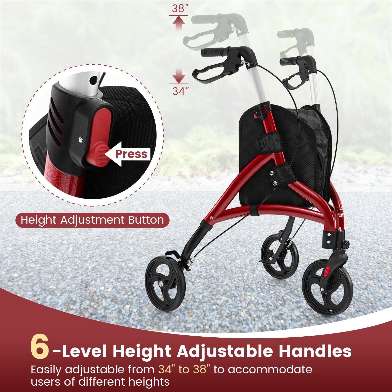 Red and black walker with height adjustment feature on a textured surface