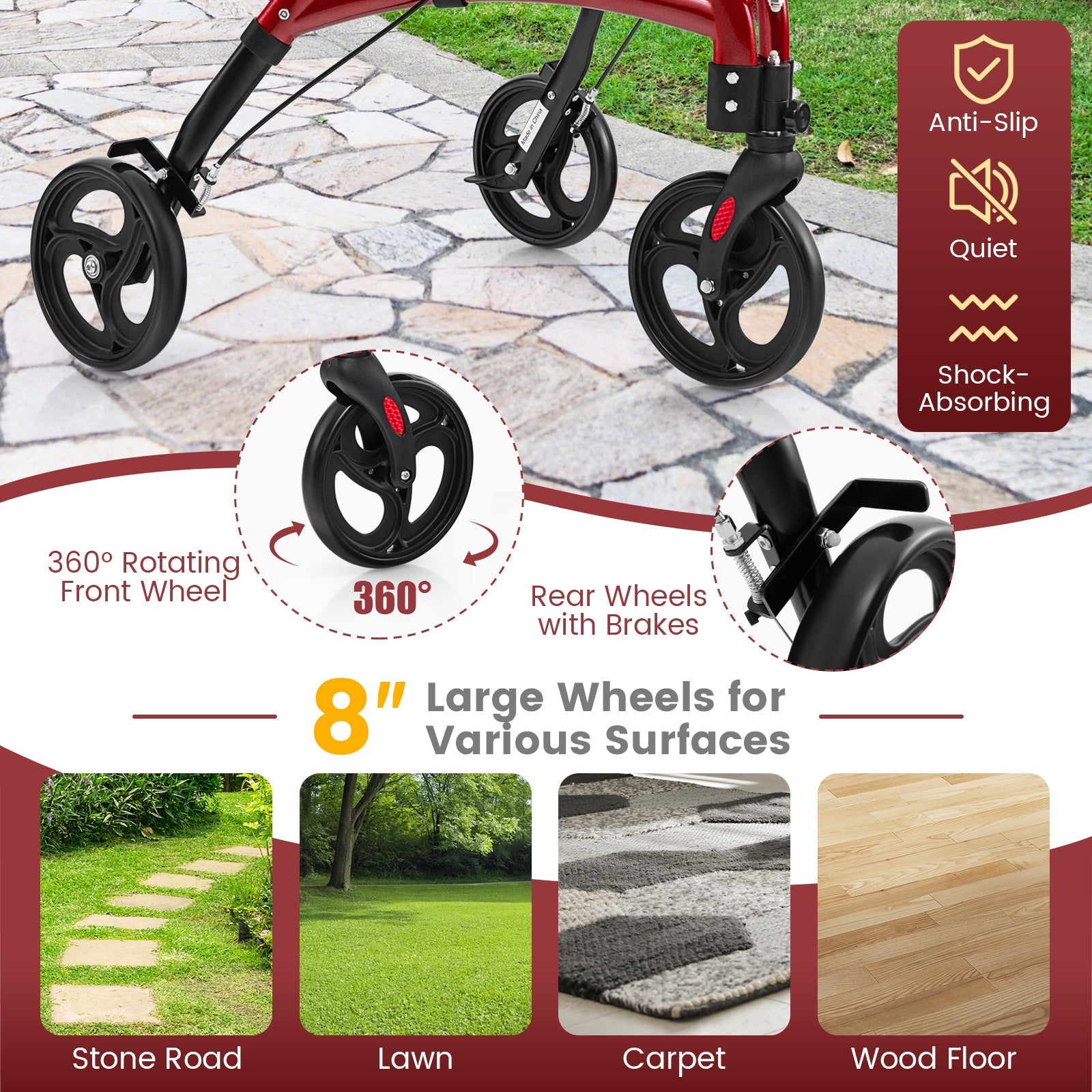Wheelchair wheels with features highlighted on a stone path background