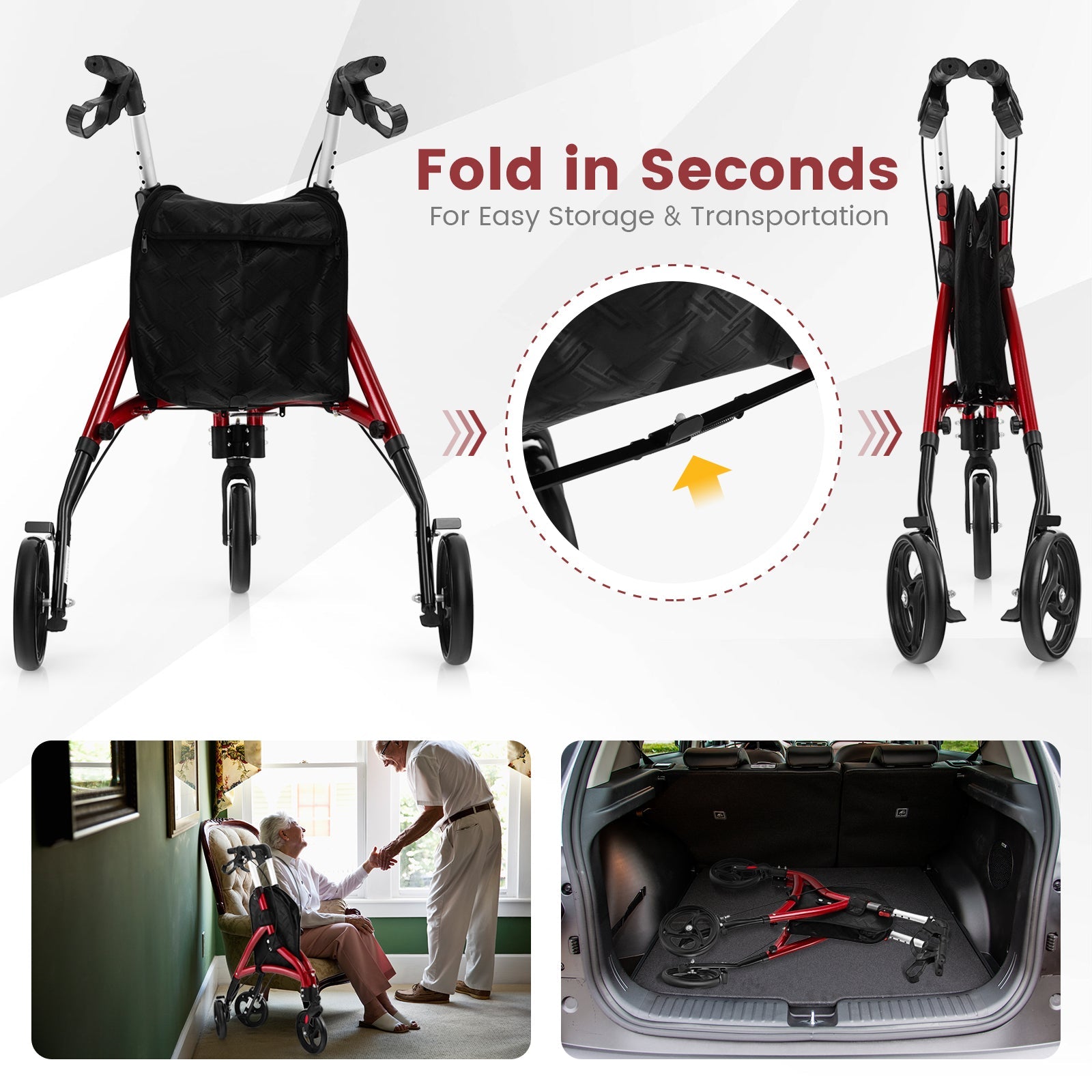 Foldable walking frame with storage features and usage scenarios.