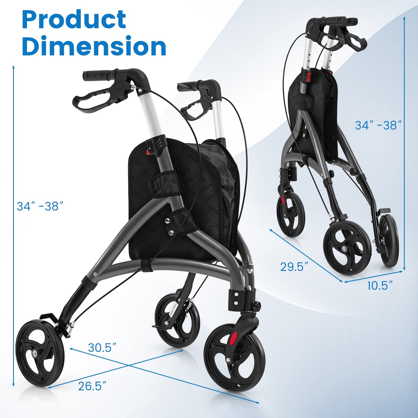 Foldable Rollator Walker with Lightweight Aluminum Frame-Gray
