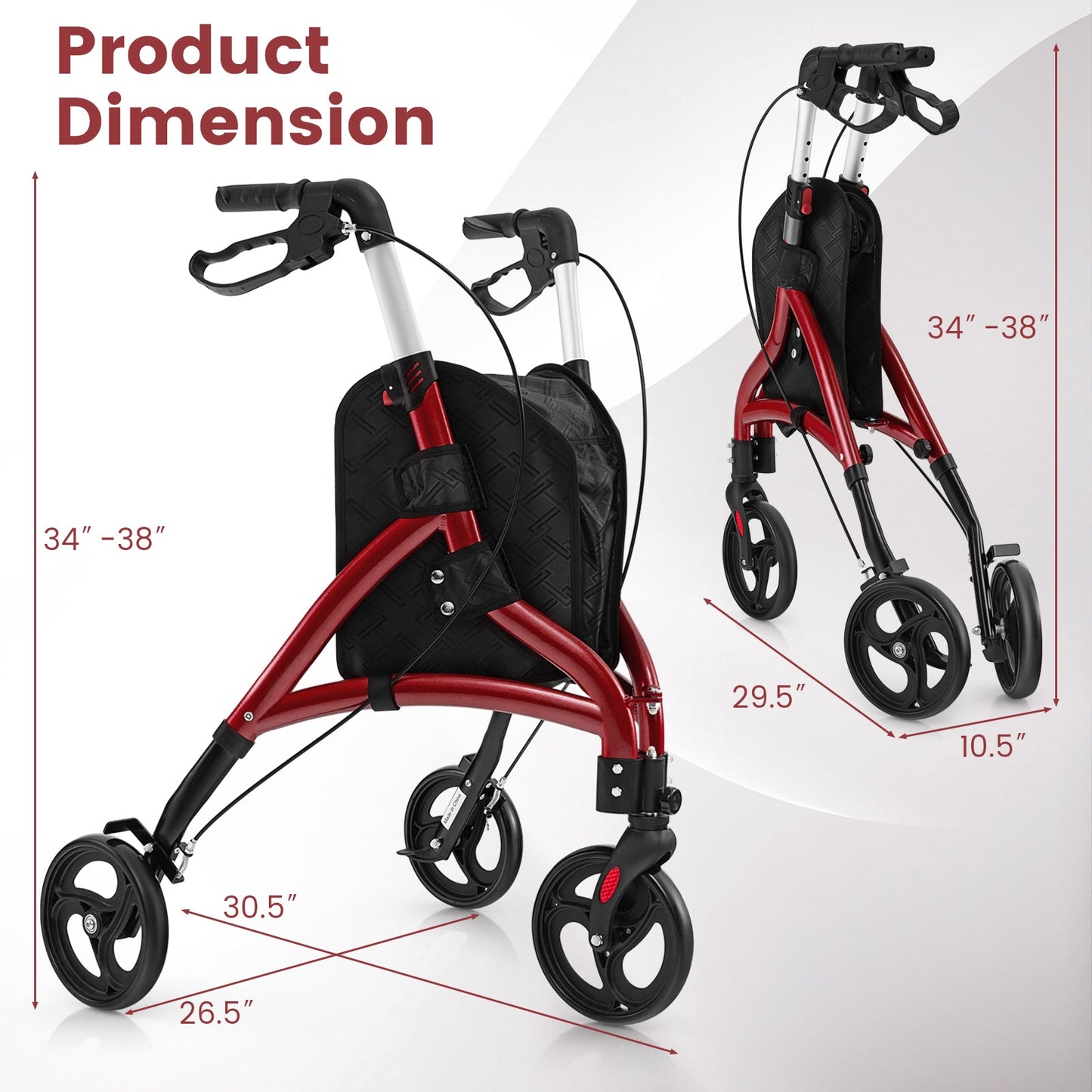 Red and black walker with dimensions indicated on a white background