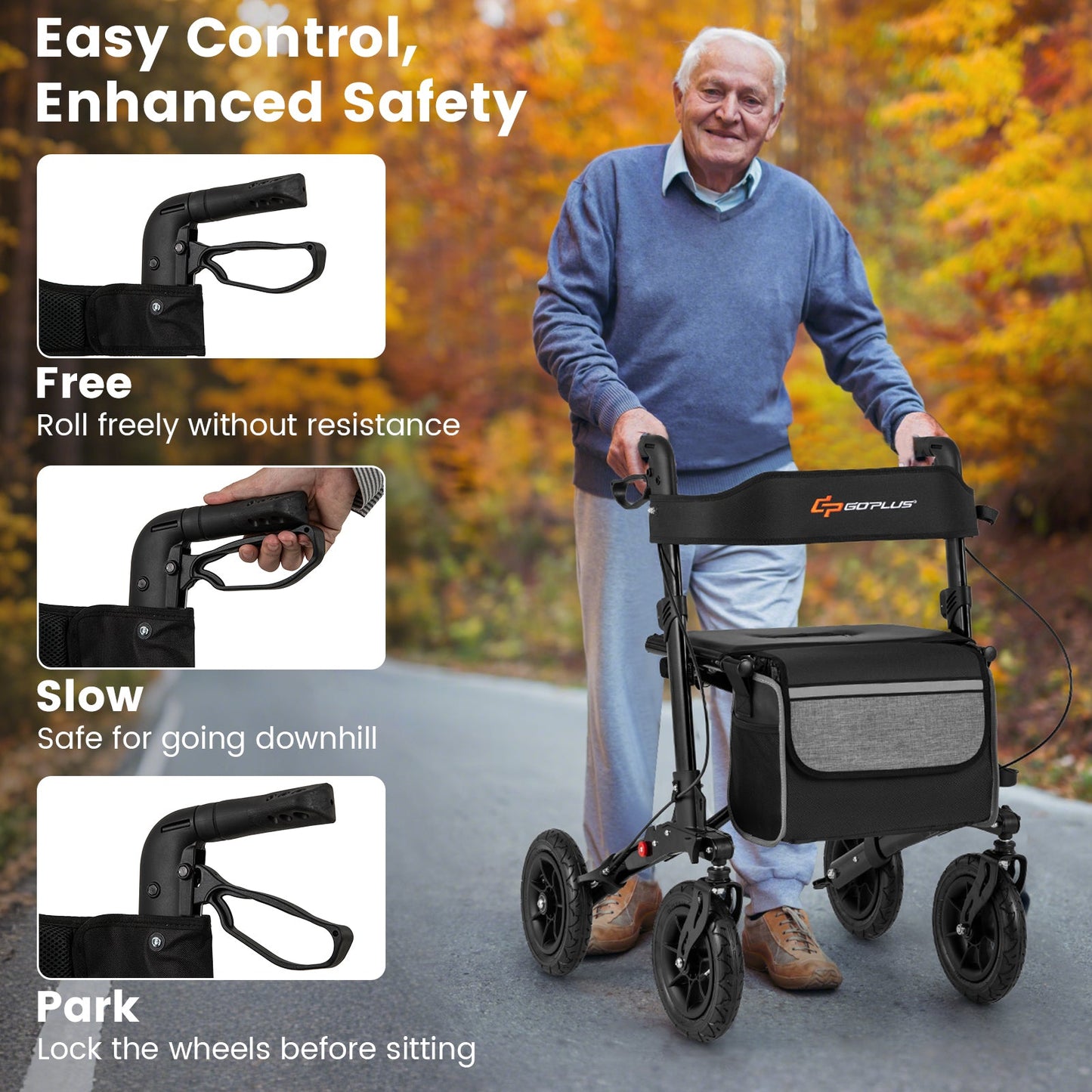 Senior man using a black Folding Rollator Walker with seat on an autumn path