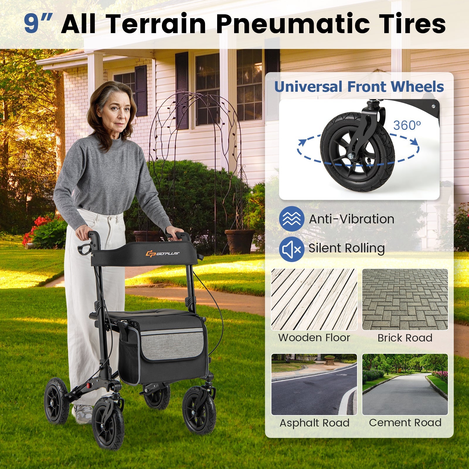 Folding Rollator Walker for Seniors with Seat for All Terrain-Black, with 9-inch pneumatic tires