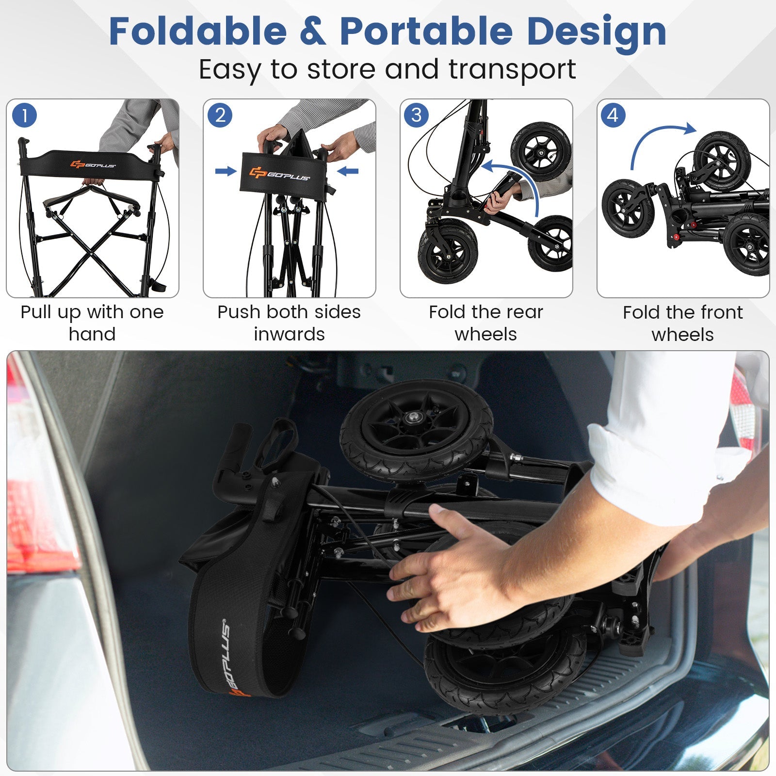Folding Rollator Walker for Seniors with Seat for All Terrain-Black being folded and placed in a car trunk