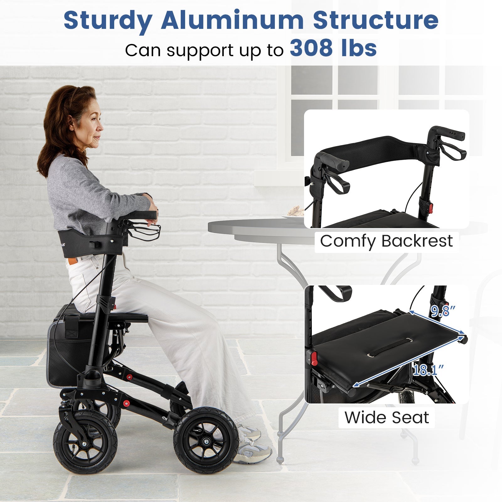 Folding Rollator Walker for Seniors with Seat for All Terrain-Black, with a comfy backrest and wide seat