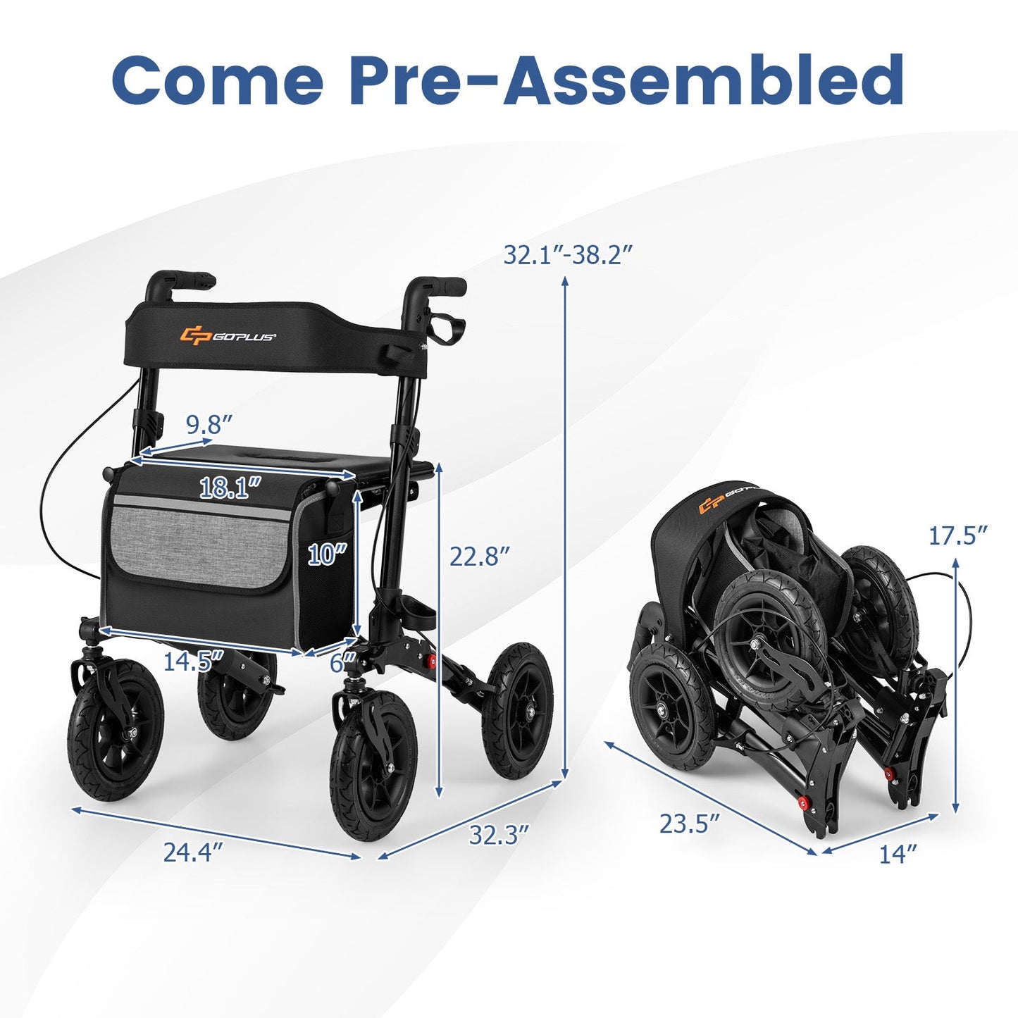 Folding Rollator Walker for Seniors with Seat for All Terrain-Black with dimensions