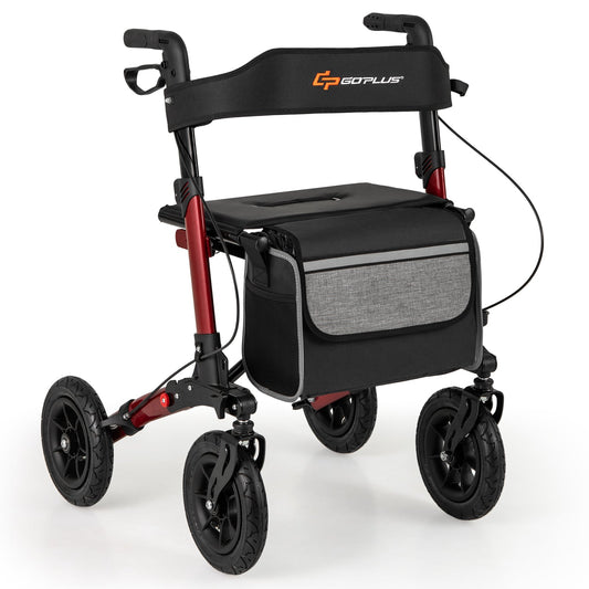 Black and red rollator with storage bag on a white background